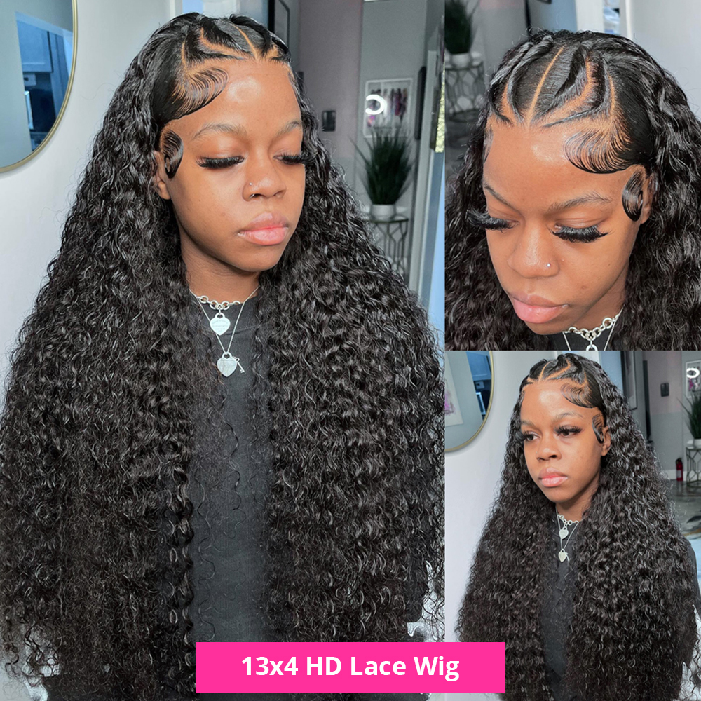 180Ddensity Curly Simulation Human Hair Wigs Brazilian Water Wave Lace Front Wigs For Black Women Pre Plucked Black Color Deep Wave Synthetic Frontal 