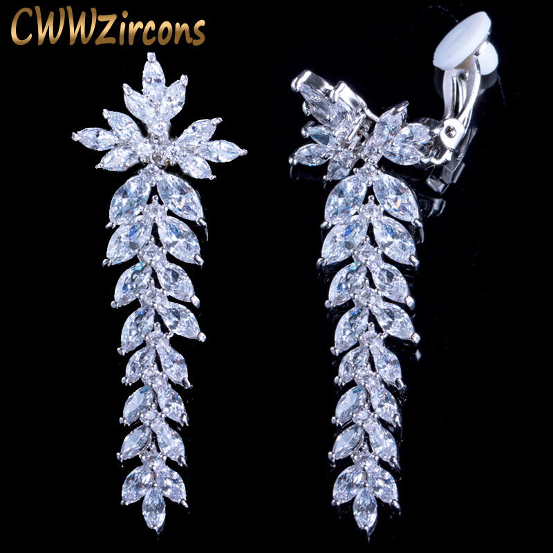 Ear Cuff CWWZircons Long Leaf Drop Clip Earrings Without Perforated Earrings Cubic Zirconia Crystal Set Women's Wedding Party Accessories CZ404 2
