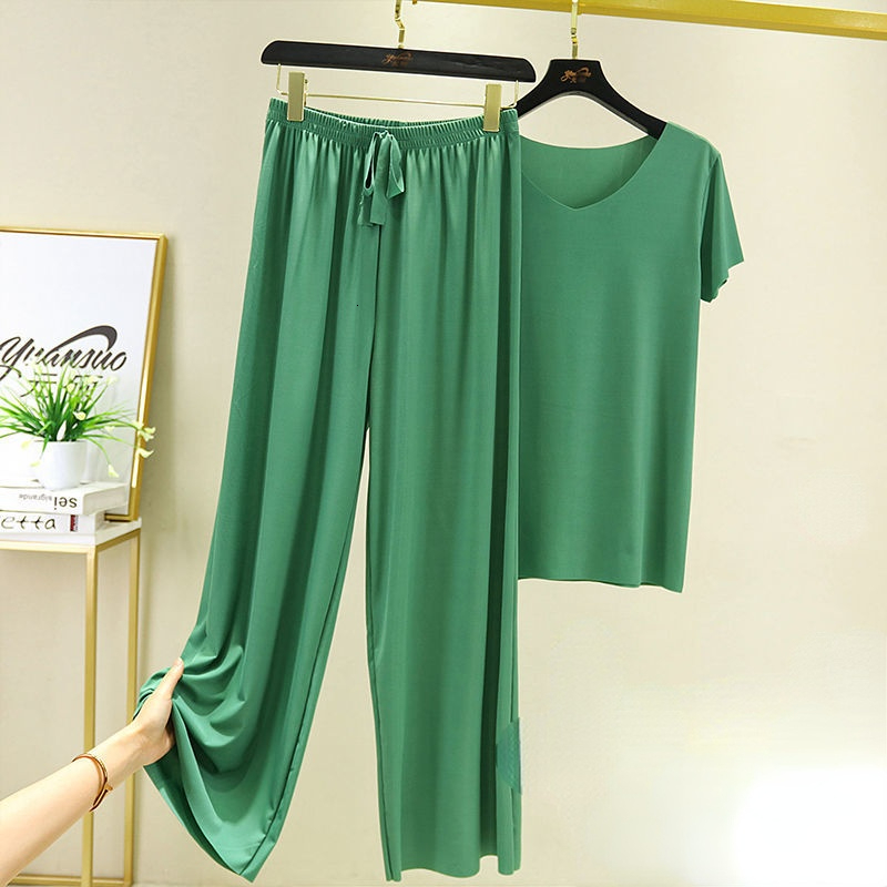 Women's Sleepwear Women's Ice Silk Pajamas Spring Summer Two Piece Sets V-neck Short Sleeve T-shirt Thin Home Clothes Wide Leg Pants Suit 23