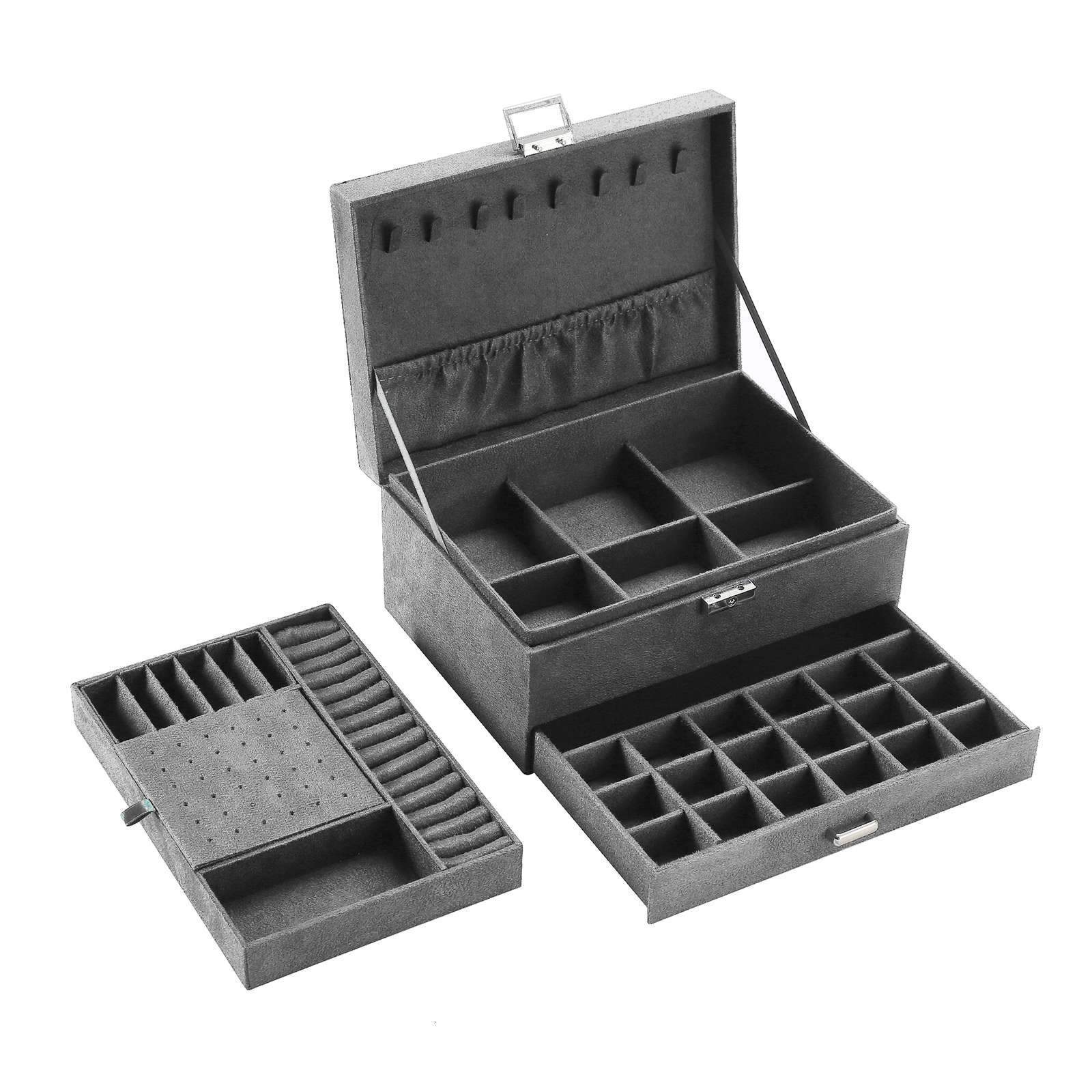 Jewelry Boxes Grey 3Layer Flannel Jewelry Organizer Box Necklaces Earrings Rings Display Holder Case for Women Large Capacity 230512