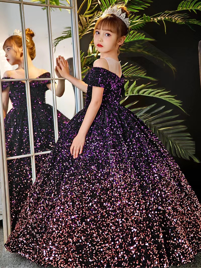 Arabic Princess Flower Girls Dresses 3D sequined blingbling purple Baby Toddler Girls Adorable Kids Birthday First Holy Communion Dresses 2023 christm