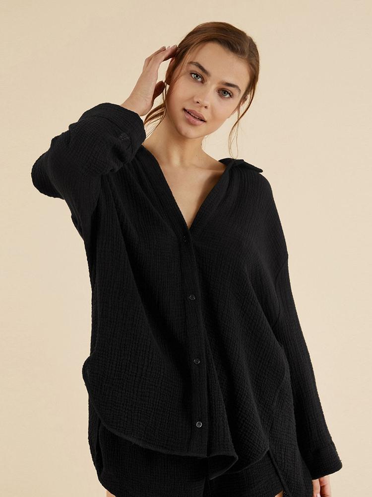 Women's Sleepwear Linad Loose Women's Nightwear Cotton V Neck Long Sleeve Pajamas 2 Piece Sets Female Casual Suits With Shorts Solid Sleepwe