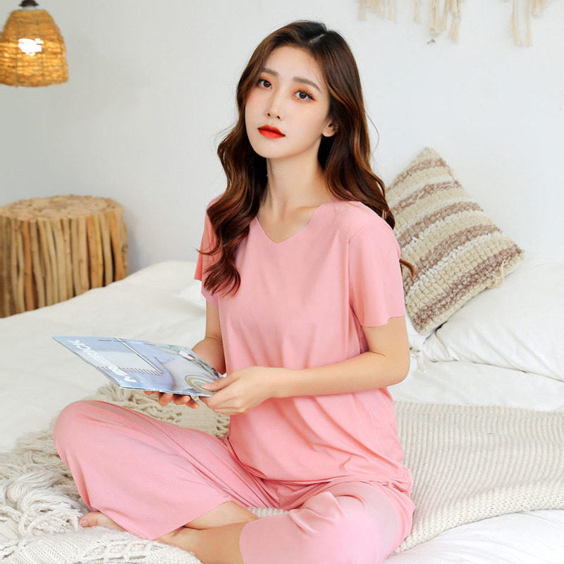 Women's Sleepwear Women's Ice Silk Pajamas Spring Summer Two Piece Sets V-neck Short Sleeve T-shirt Thin Home Clothes Wide Leg Pants Suit 23