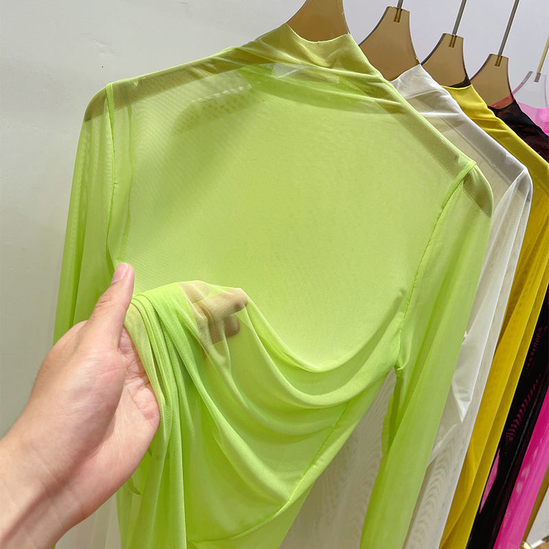 Women's T-Shirt Transparent Gauze Bottoming T-shirt Women Clothing Summer Long Sleeved T-shirt with Gauze Shirt Half High Collar Sunscreen 230515