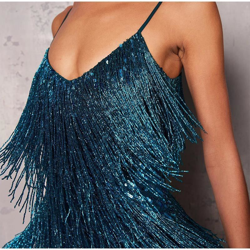 Casual Dresses Vssjavun Sequins Tassel Feather Spaghetti Strap Dress Women Fashion Sexy Stitching Mini Dress Evening Party Club Elegant Dress 230512