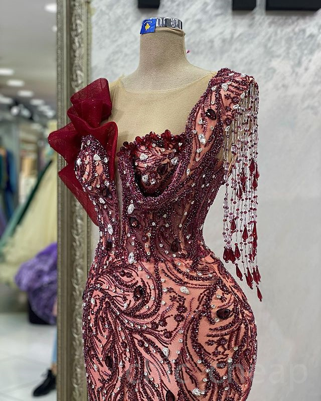 2023 May Aso Ebi Burgundy Mermaid Prom Dress Beaded Crystals Sexy Evening Formal Party Second Reception Birthday Engagement Gowns Dress Robe De Soiree