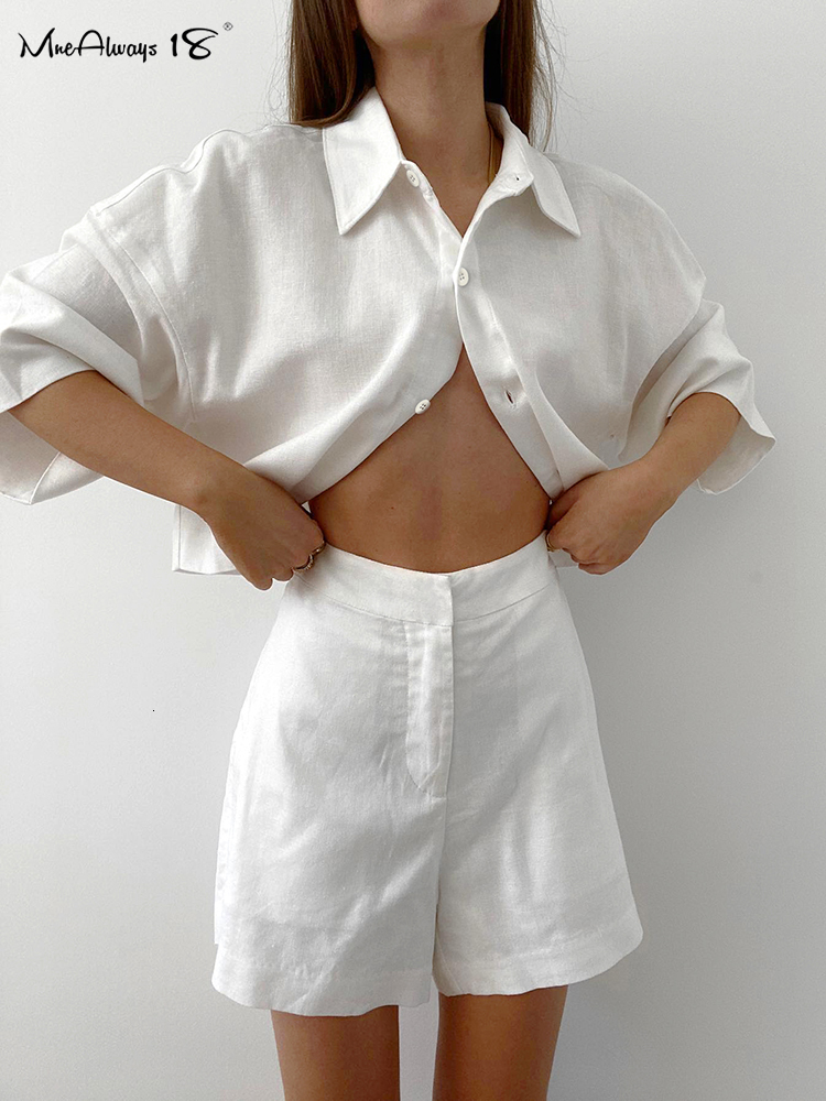 Women's Two Piece Pants Mnealways18 White Cotton Linen Shorts Sets 2-Piece Street Outfits Short Sleeve Shirt And Wide Leg Shorts Summer Ladies Su