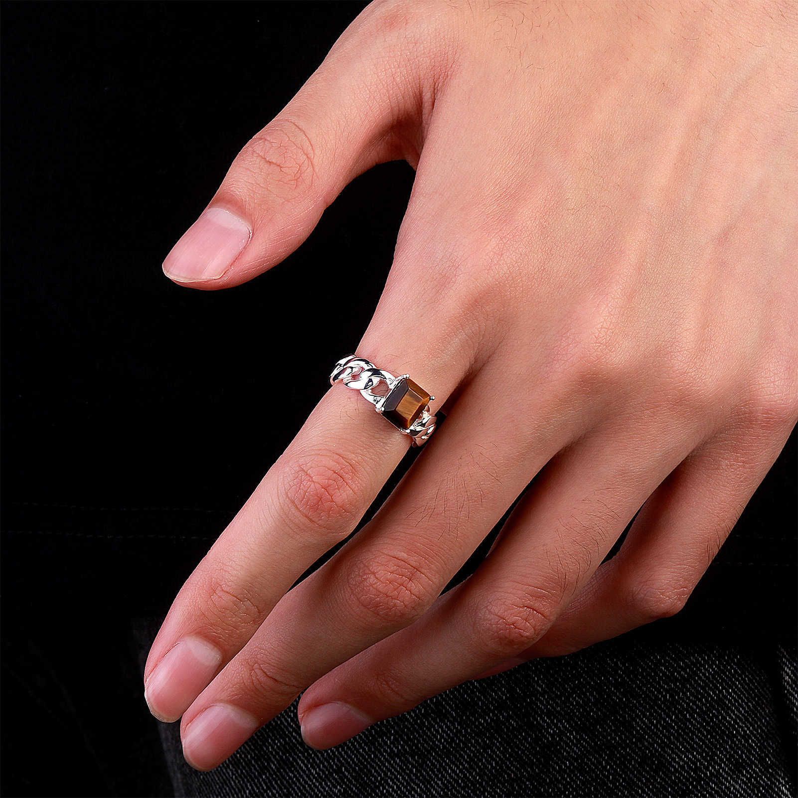 S925 Sterling Silver Square Natural Crystal Ring For Women Open Cuff Adjustable Hollow Cuban Chain Finger Band Rings Korean Style INS Niche Design Ope