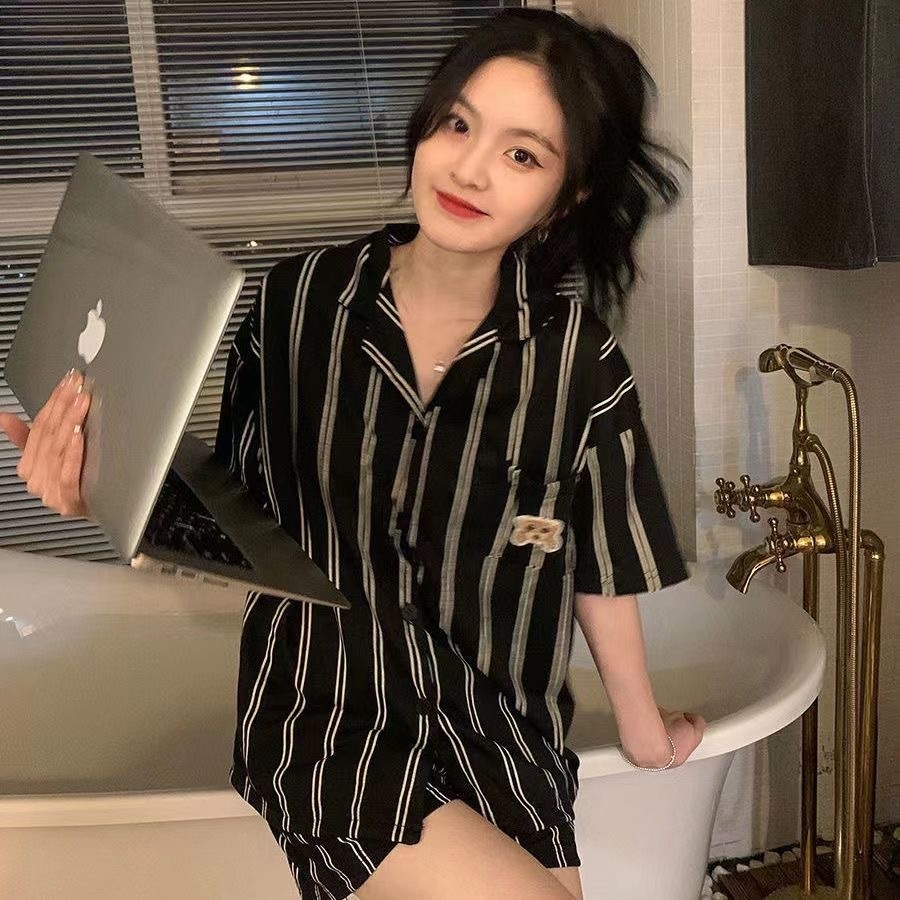 Women's Sleepwear Pijama Summer Nightwear Female Short Sleeve ins cartoon cute bear pocket print Student Korean cardigan home suit 230515