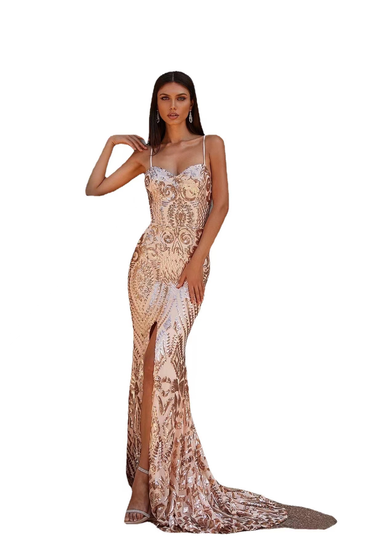 Sexy Gold Mother Of The Bride Deep V Neck Beads Crystal Strap Long Sequined Backless Chiffon Side Split Sweep Train Evening Wear Prom Wed Dresses 403