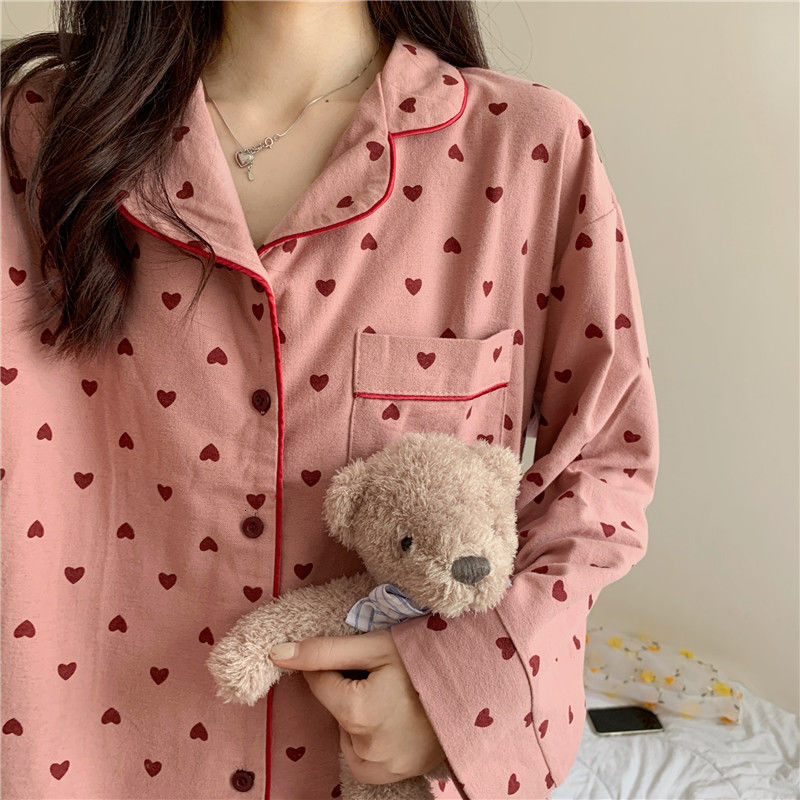 Women's Sleepwear Pajamas for Women Korean Heart Print Autumn Sleepwear Kawaii Pijamas 2 Piece Female Set Suit Whit Pants Pyjamas Loungewear
