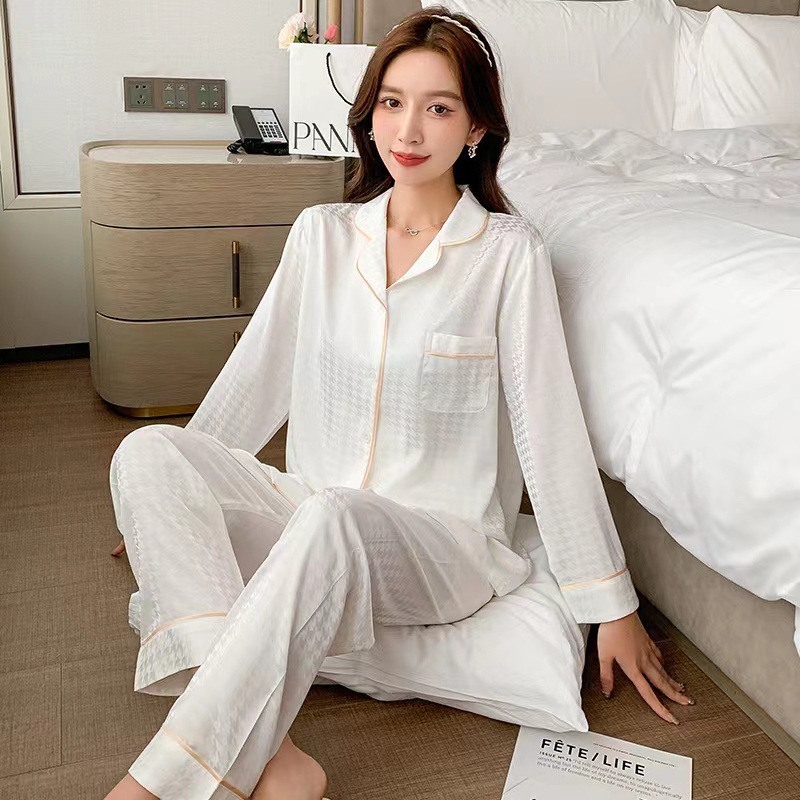 Women's Sleepwear Women Pajamas Sets Faux Silk Satin Lapel Pyjama Plaid Pijama Female Home Clothes Sleepwear pjs Longsleeve Shirt Pants Homewear