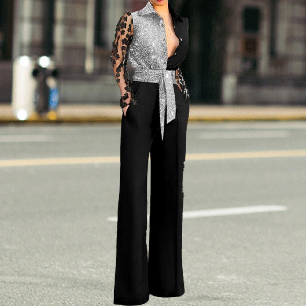 Women's Two Piece Pants Pockets Women Jumpsuit Patchwork Jumpsuit Belt Flower Decor Net Yarn Sleeve Turn-Down Collar Color Lady Jumpsuit 230512