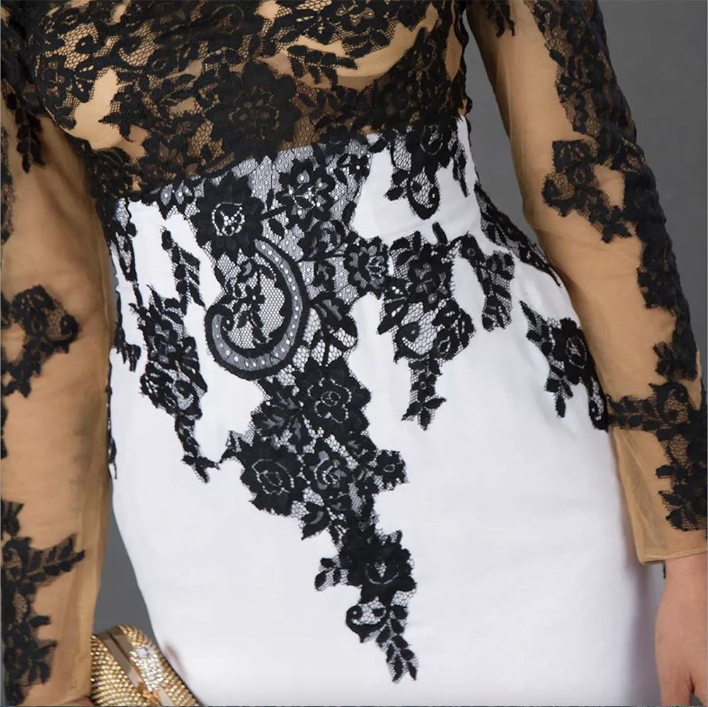 Long Sleeve Mermaid Evening Dresses Appliques Black Lace Sweep Train Formal Party Dress for Women Prom Gowns