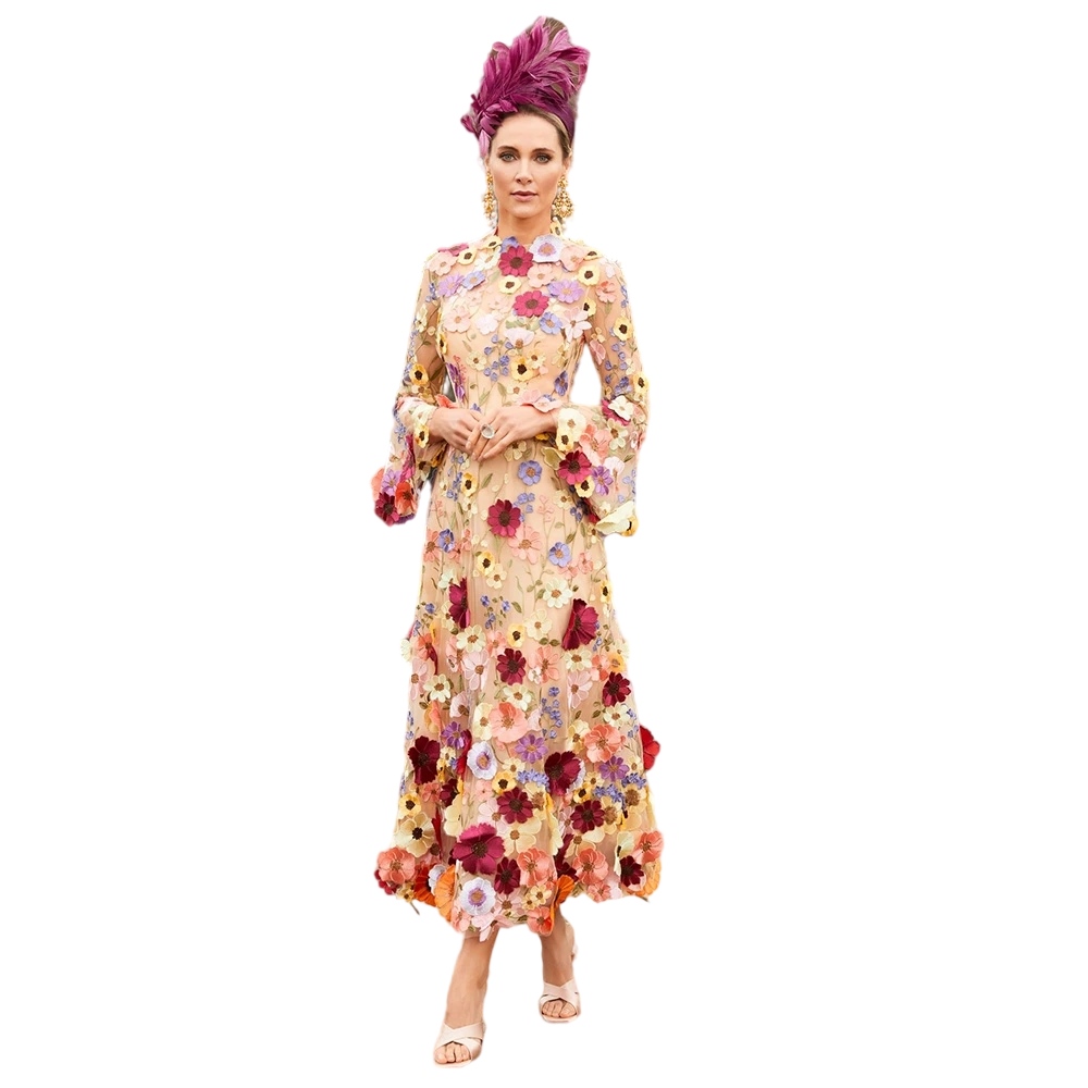 3D Floral Mother of Bride Dresses Tea Length Flowers Wedding Guest Gown with 3/4 Sleeve Mother's Party occasion gown Wear