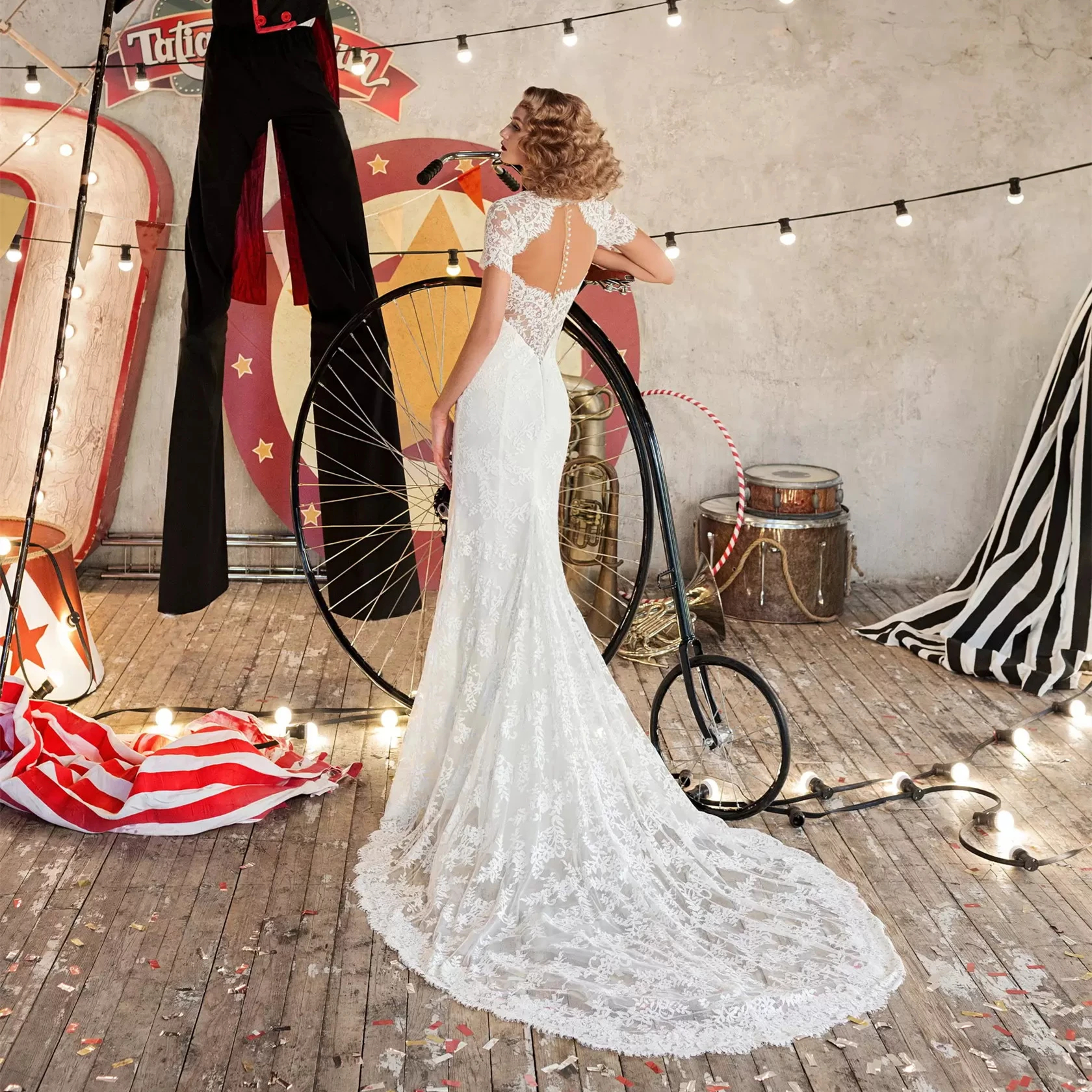 Vintage Lace Mermaid Wedding Dresses With Short Sleeves Sheer Back Long Elegant Bridal Gowns Court Train 2023 Vestido De Novia Robe Mariage