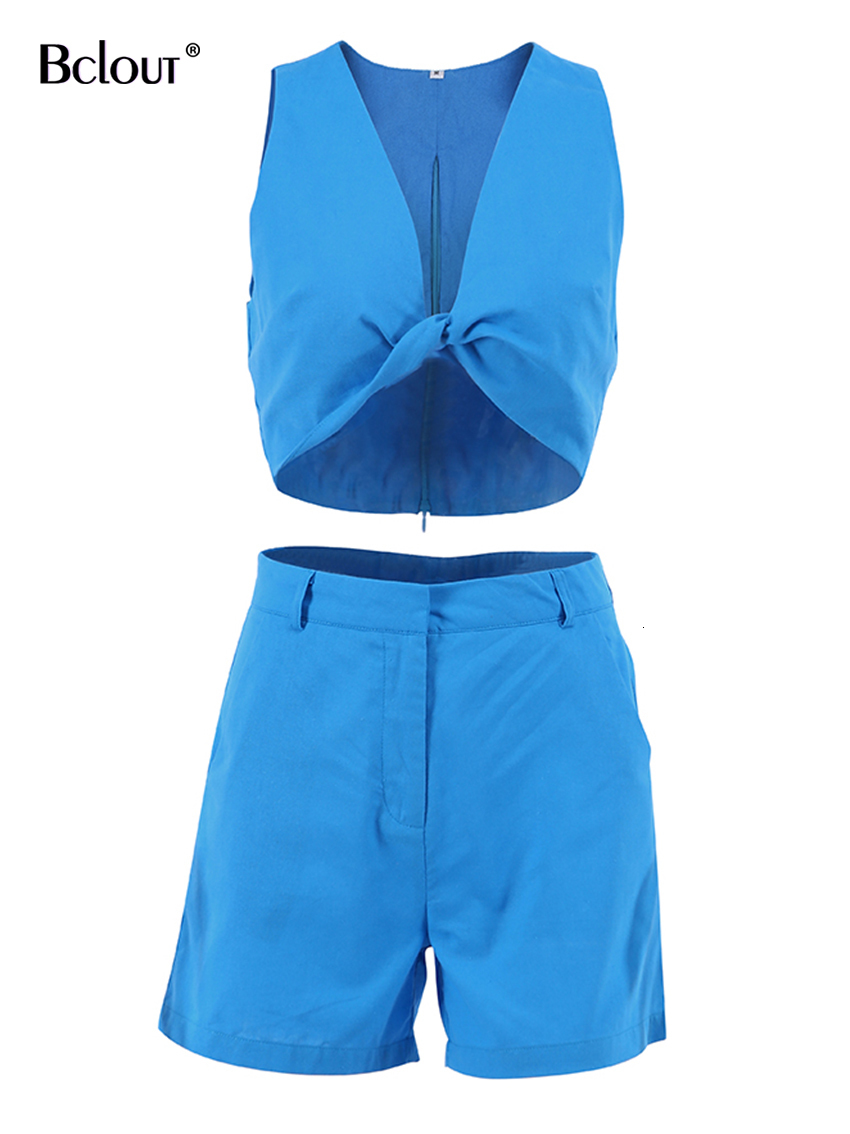 Women's Two Piece Pants Bclout Summer Blue Linen Shorts Sets 2 Piece Outfits Women Vacation V-Neck Sexy Crop Tops Fashion Thin Straight Shorts Su