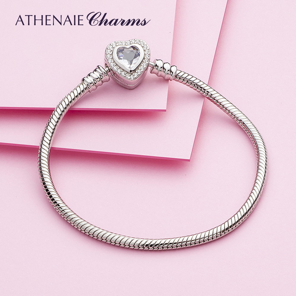Chain Athena 100% 925 Sterling Silver Snake Chain Bracelet Bracelet with CZ Love Heart Buckle Charm Bracelet 230512