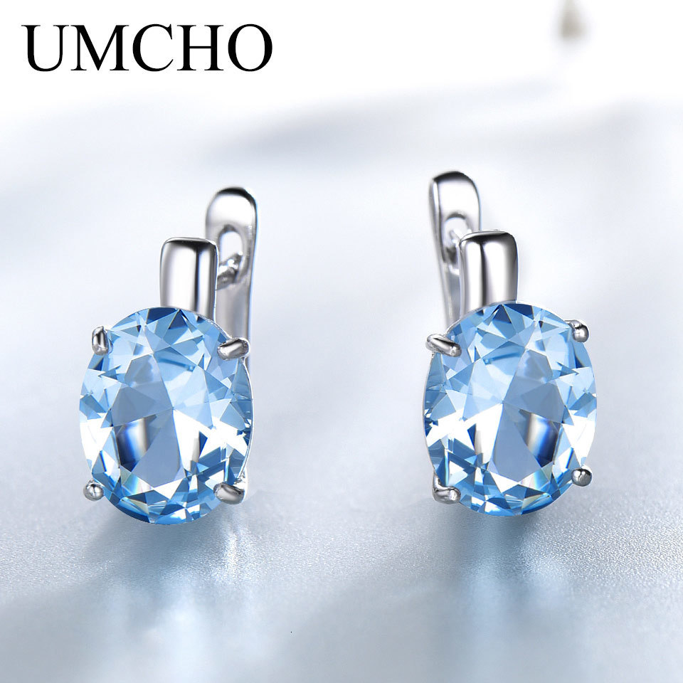 Ear Cuff UMCHO Blue Topaz Clip Style Women's Earrings Solid 925 Sterling Silver Jewelry Oval Gem Korean Earrings 230512