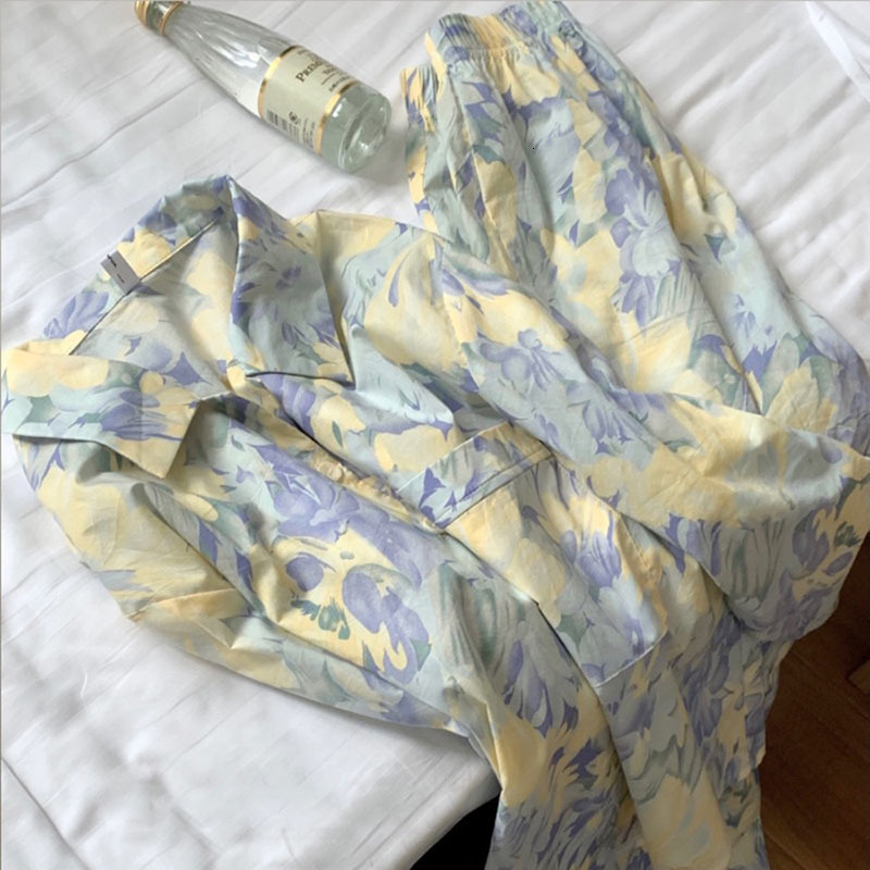 Women's Sleepwear Women Pajama Sets Spring Autumn Long Sleeve Floral Vintage Fashion Nightwear Loose Elegant Pyjamas Female Leisure 2-piece M-3XL