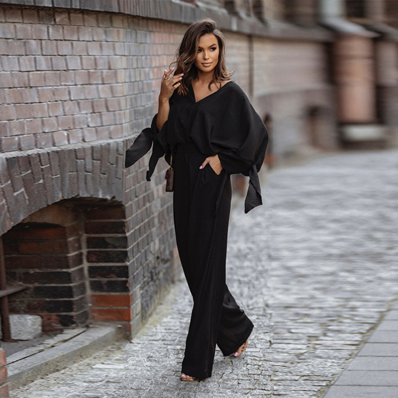 Women's Two Piece Pants HOUZHOU Blue Two Piece Set for Women Outfits Spring Matching Sets Pants High Waist Batwing Sleeve Wide Leg Trouser Suit F