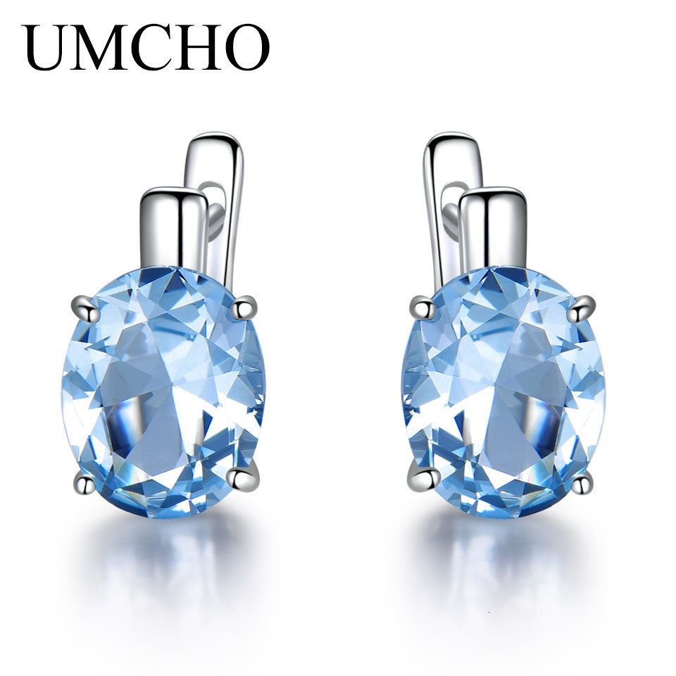 Ear Cuff UMCHO Blue Topaz Clip Style Women's Earrings Solid 925 Sterling Silver Jewelry Oval Gem Korean Earrings 230512