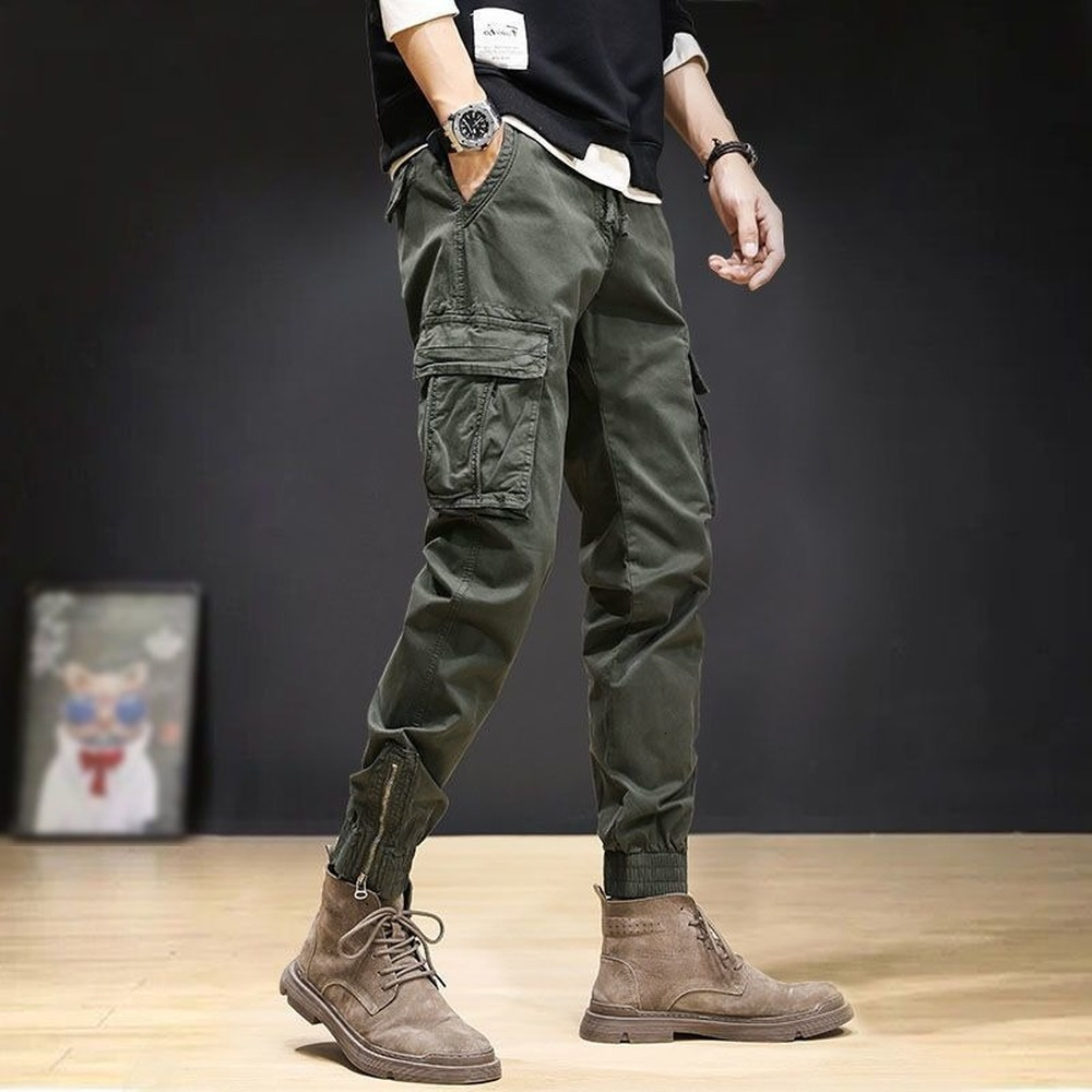 Men's Pants Cargo Pants Men Ankle Length Streetwear Casual Pants Men Military Style Slim Fit Pure Cotton Trouser Japan Style Black Pants Men 2305