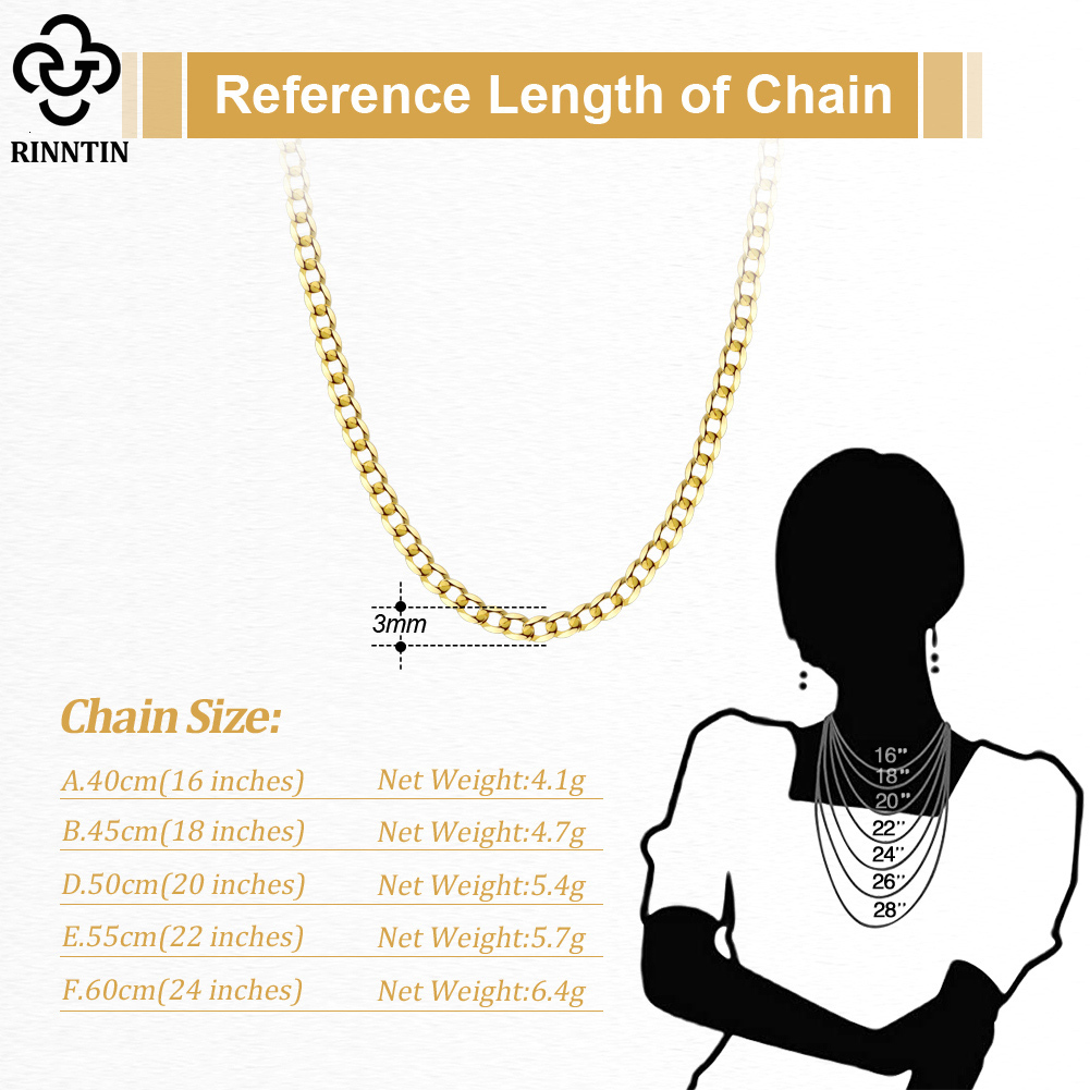 Pendant Necklaces Rintin 18K gold 925 sterling silver 3mm5mm Italian diamond cut Cuban Link Curb chain necklace suitable for women and men's jewe