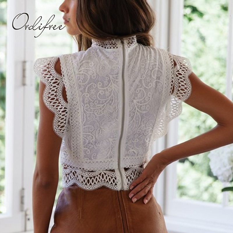 Women's Blouses Shirts Ordifree Summer White Lace Blouse Top Short Sexy Sleeveless Lace Crochet Female Blouse Shirt 230512