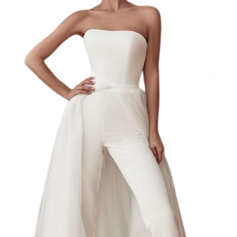 Women's Two Piece Pants Stylish White Backless Tulle Jumpsuit Women Sexy Strapless Jumpsuit Solid Color Slim Asymmetry Sleeveless Bodysuit Summer