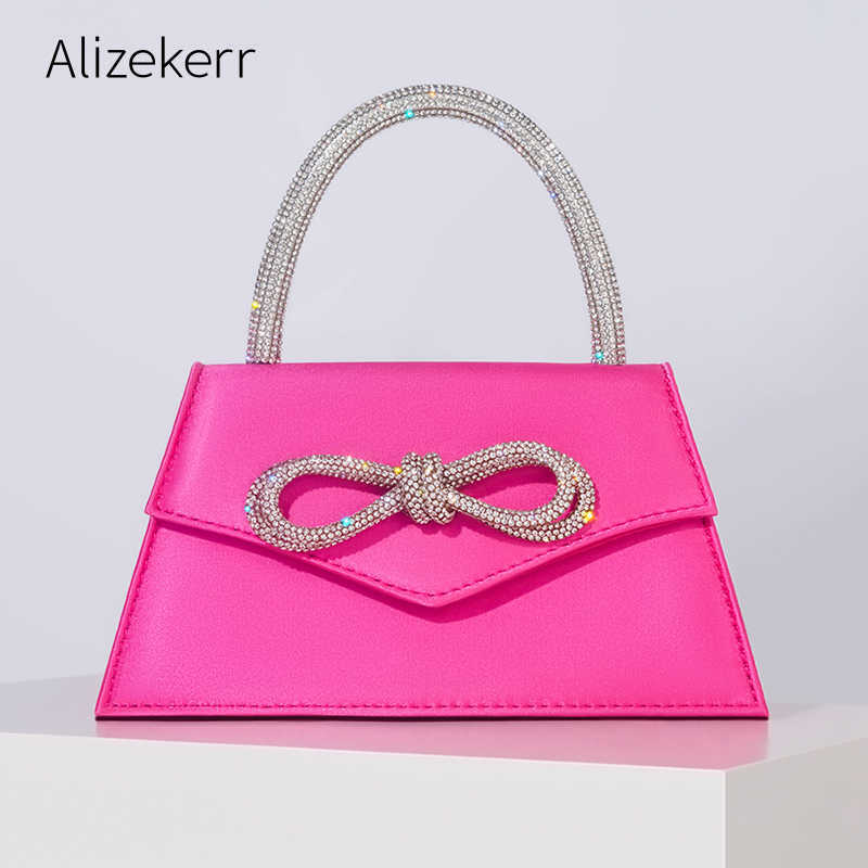 Shoulder Bag Rhinestone Bow Satin Handbags Elegant Boutique Crystal Top Handle Evening Clutch Purses Chain Crossbody Wedding Party 230509