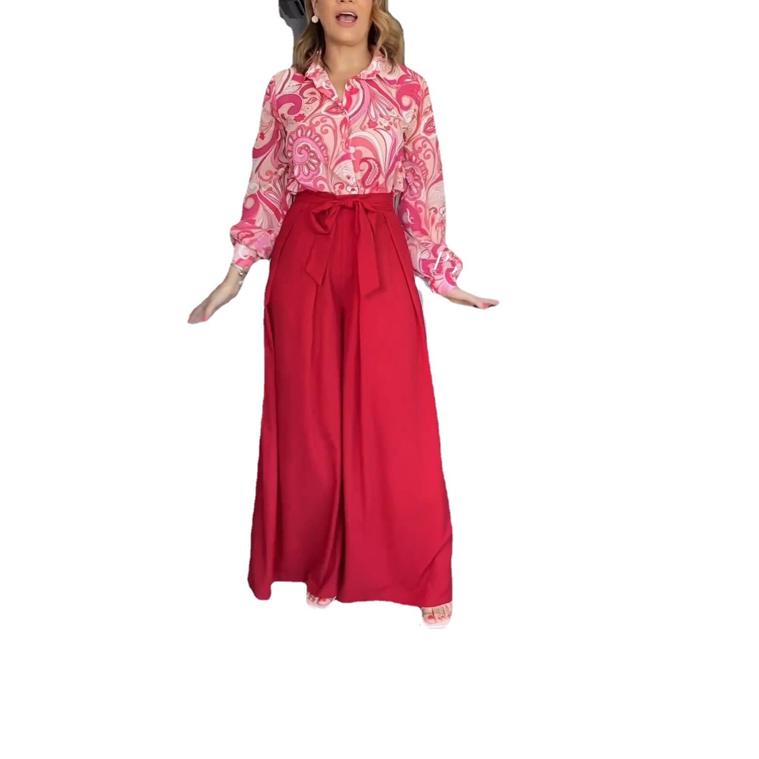Women's Two Piece Pants Women Two Piece Pants Sets Long Sleeve Lapel Button Top Loose Wide Legs Printing Trousers Ladies Elegant Streetwear Summe