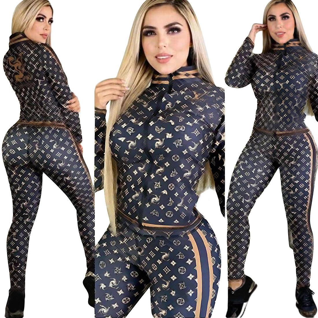 Two Piece Pants Tracksuit Women Fashion Print Jacket and Sweatpants Sets Outfits Free Ship