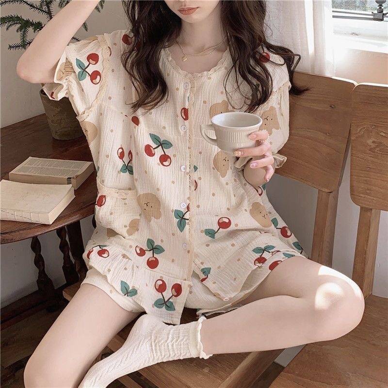 Women's Sleepwear Pajama Sets Lace Decoration Short Sleeve Women Summer Cotton Yarn Cherry Bear Print Cartoon Trendy Womens 2pcs Pyjamas Elegant 