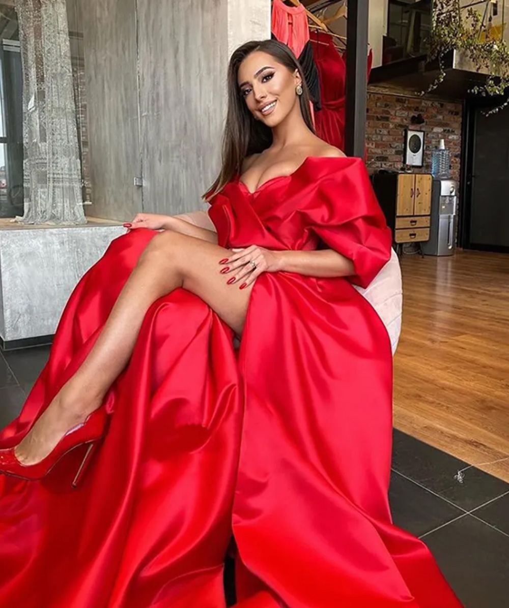 New Evening Dresses A Line Prom Party Gown Off-Shoulder Floor-Length Sweep Train Satin long Plus Size Thigh-High Slits Custom