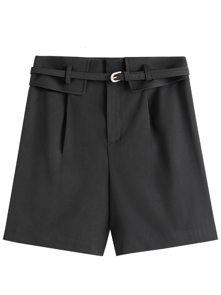 Women's Shorts FSLE High Waist Summer Casaul Shorts Women Belt Pleated Wide Leg Black Shorts Office Lady Elegant Green Short Pants Female 230515