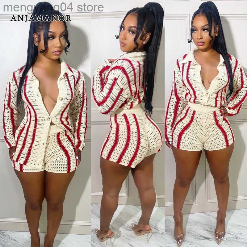 Women's Tracksuits Striped Knitted Sweater Cardigan and Shorts Two Piece Set Women Clothing Fall 2023 Fashion Matching Sets D35-EG33 T230515