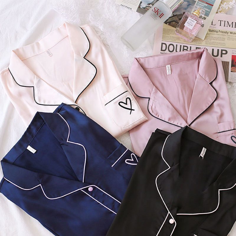 Women's Sleepwear Two Piece Set Satin Silk Pajamas for Women Heart Embroidery Sleepwear Home Suit Elegant Summer Short Loungewear Home Clothes 23