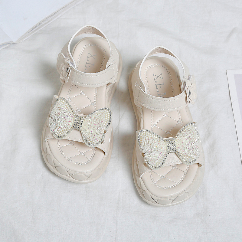 Sandals Kids Sandals For Girls Princess Summer Bowtie Platform Flats Children Baby Shoes Beige Pink Soft Footwear 230515