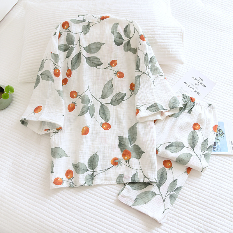 Women's Sleepwear Spring/Summer Japanese kimono ladies cotton pajamas two-piece three-quarter sleeve trousers loose home service set woman 230515