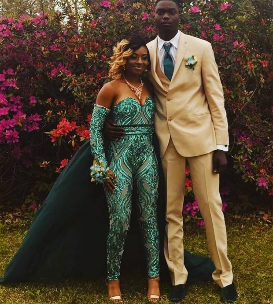 Emerald Green Sequin Jumpsuit Evening Dress 2023 Luxury Overskirt Train Black Girls Prom Dresses Sweetheart Birthday 15 Party Outfit formal occasion d