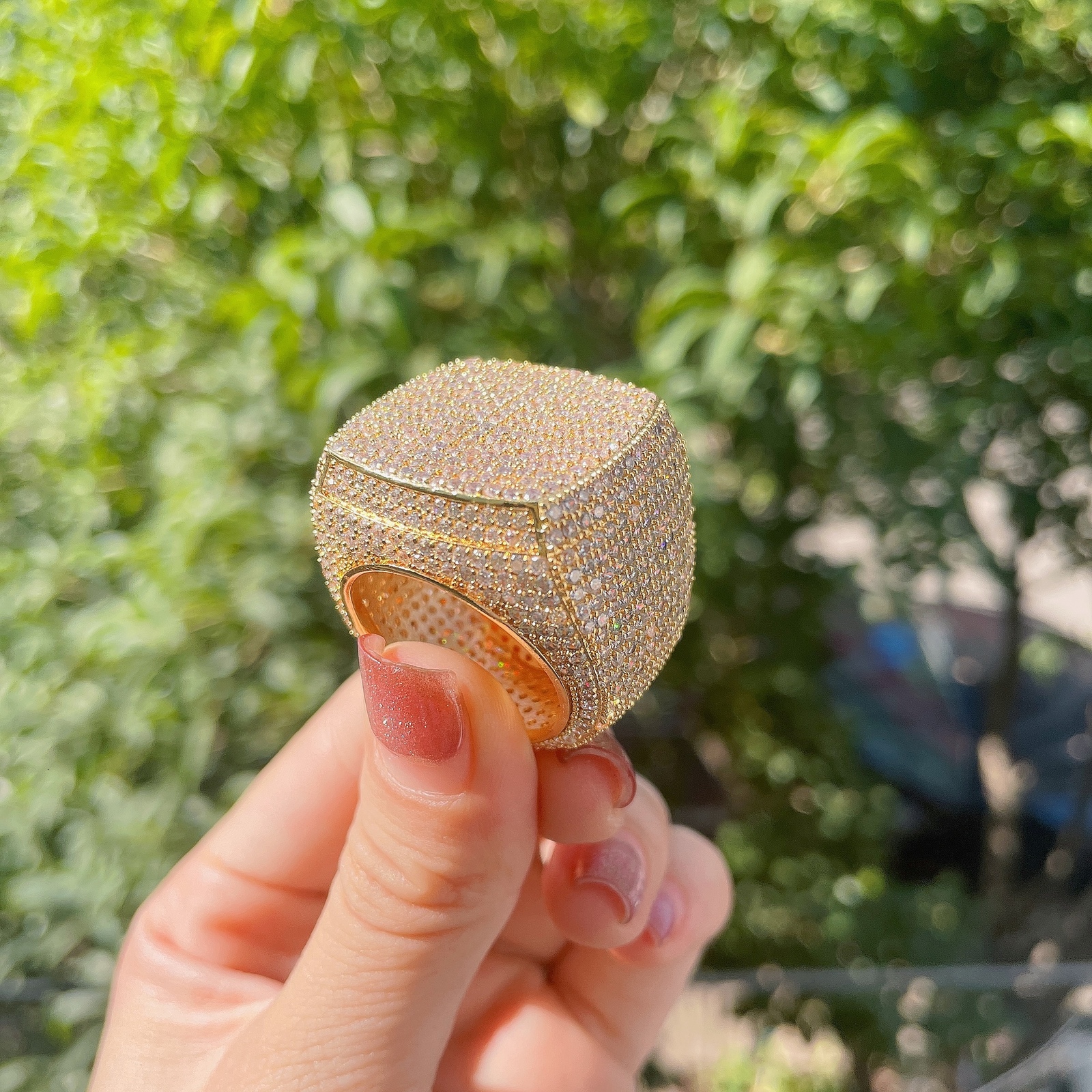 With Side Stones Iced Out Ring for Men Real Gold Plated Prong Setting Copper CZ Stones Hip Hop Fashion Jewelry Trend 13 16 31 230512