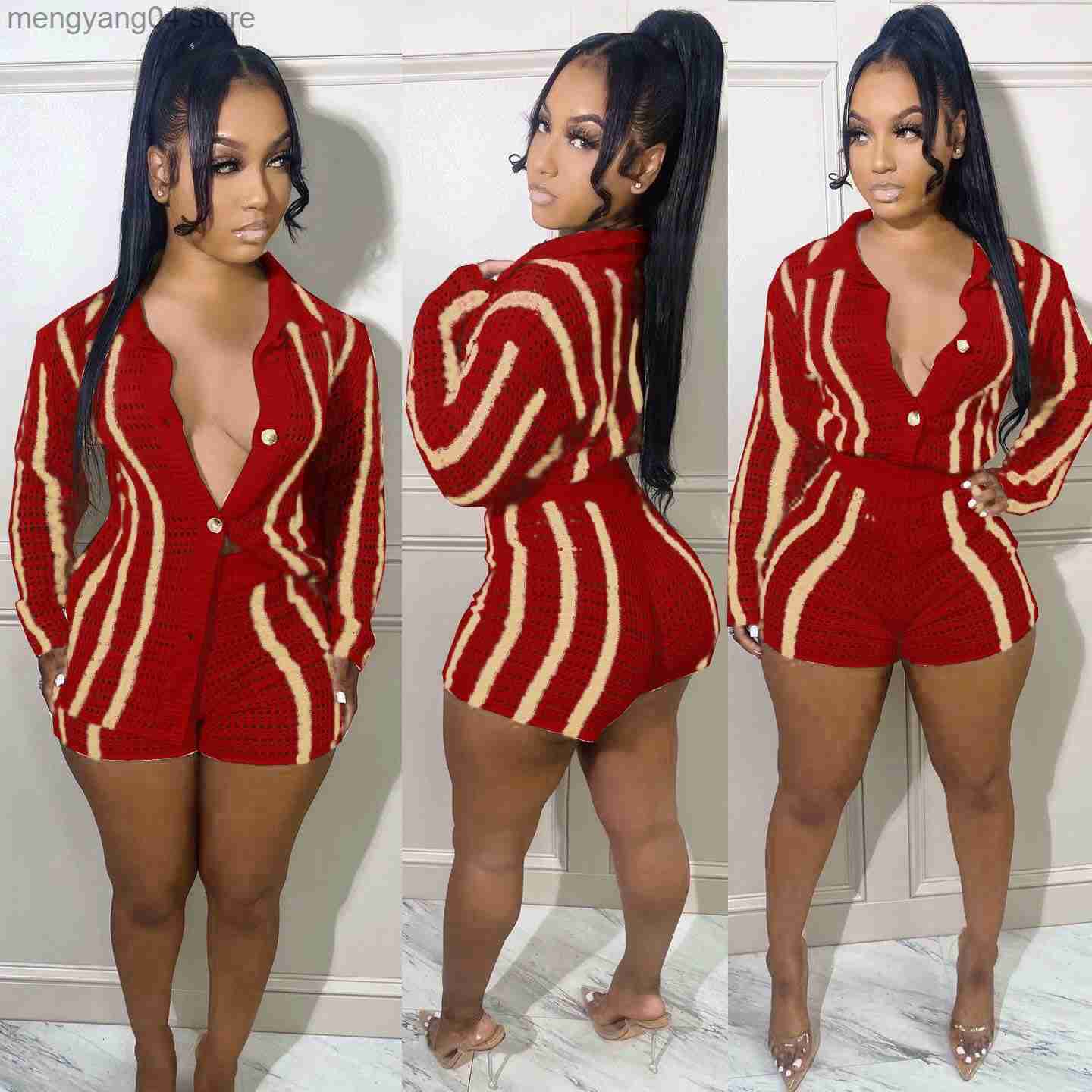 Women's Tracksuits Striped Knitted Sweater Cardigan and Shorts Two Piece Set Women Clothing Fall 2023 Fashion Matching Sets D35-EG33 T230515