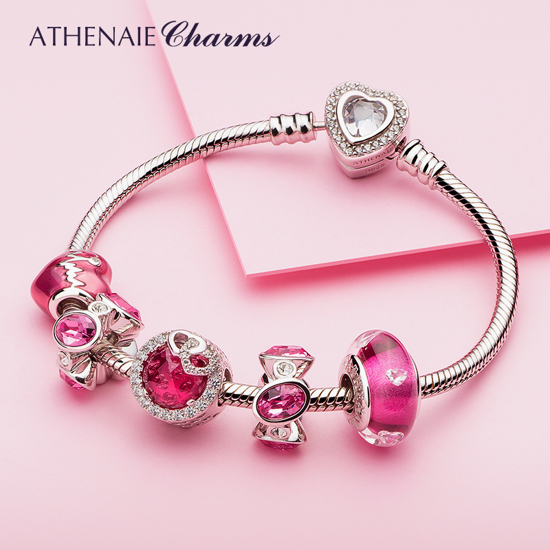 Chain Athena 100% 925 Sterling Silver Snake Chain Bracelet Bracelet with CZ Love Heart Buckle Charm Bracelet 230512