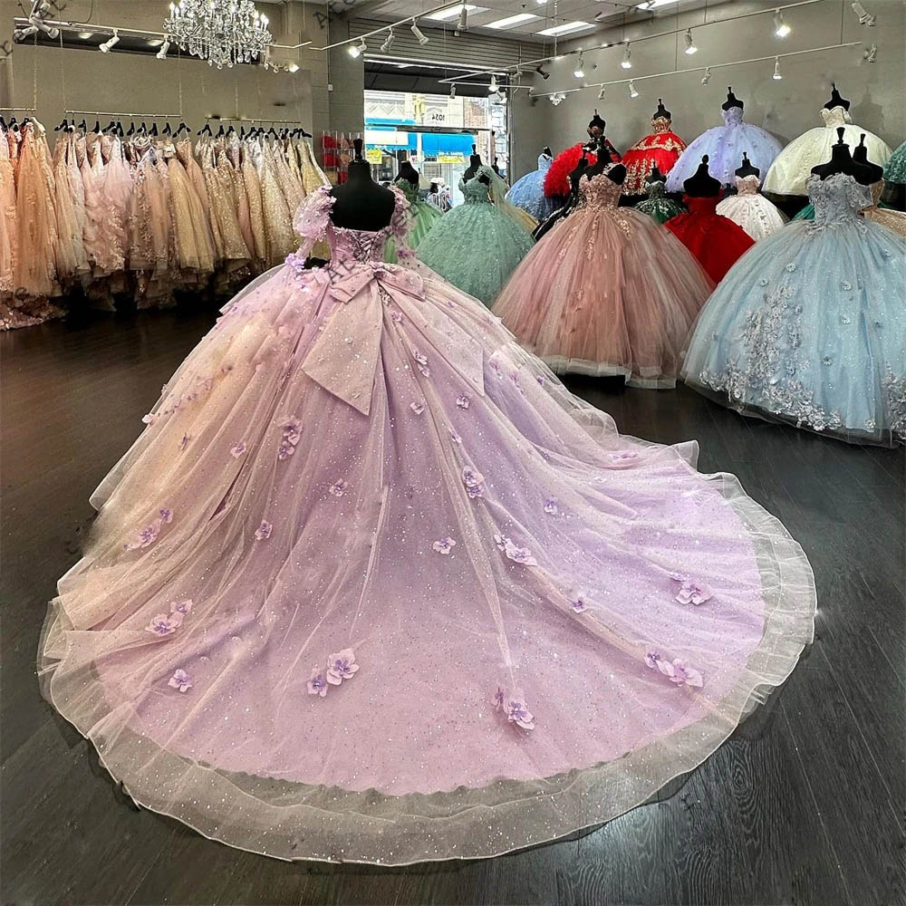 Lilac 3D Flowers Ball Gown Quinceanera Dresses Puff Long Sleeve Prom Gowns Bead Puffy Sweet 16 Masquerade Dress With Bow Tie 415