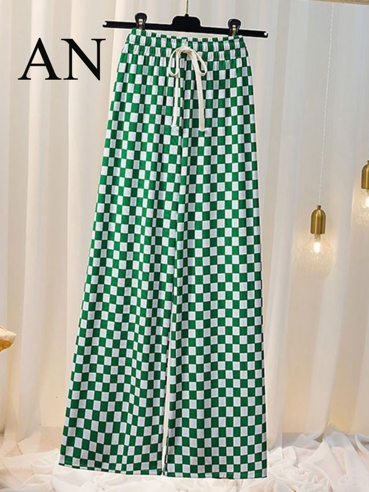 Women's Two Piece Pants Summer Women's Suit Green Plaid T-shirt Laced Pants Two-piece Sports and Leisure Suit Summer Two Piece Set Women 230