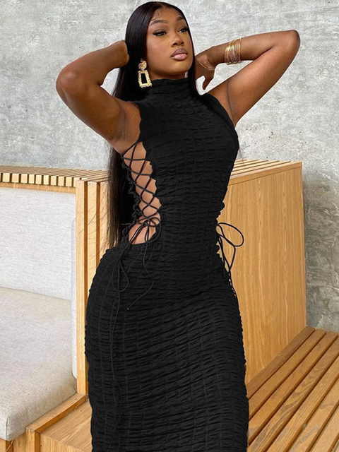 Casual Dresses Hugcitar Solid Turtleneck Sleeveless Hollow Out Bandage Maxi Prom Dress Sexy Bodycon Summer Women Elegant Outfits Evening Party 230512