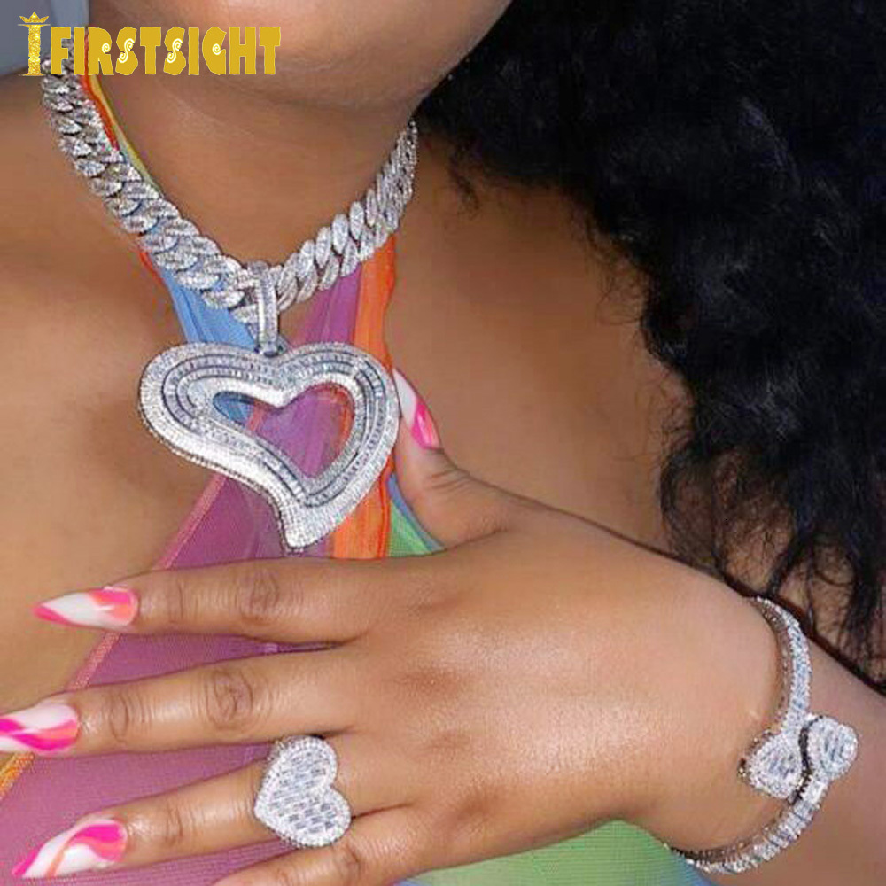 Pendant Necklaces Ice Out Large Hollow Heart shaped Pendant Necklace Sparkling Rectangular CZ Cubic Zirconia Tennis Chain Charming Women's Hip Ho
