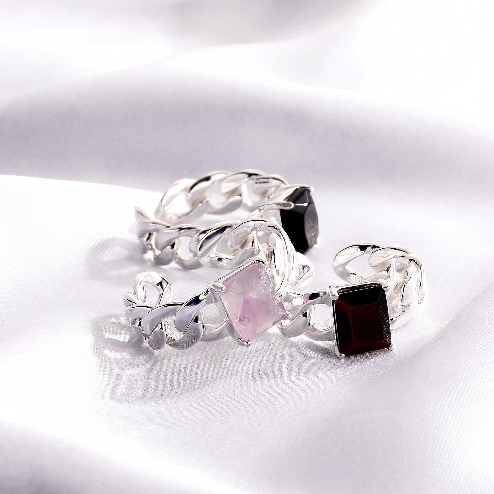 S925 Sterling Silver Square Natural Crystal Ring For Women Open Cuff Adjustable Hollow Cuban Chain Finger Band Rings Korean Style INS Niche Design Ope