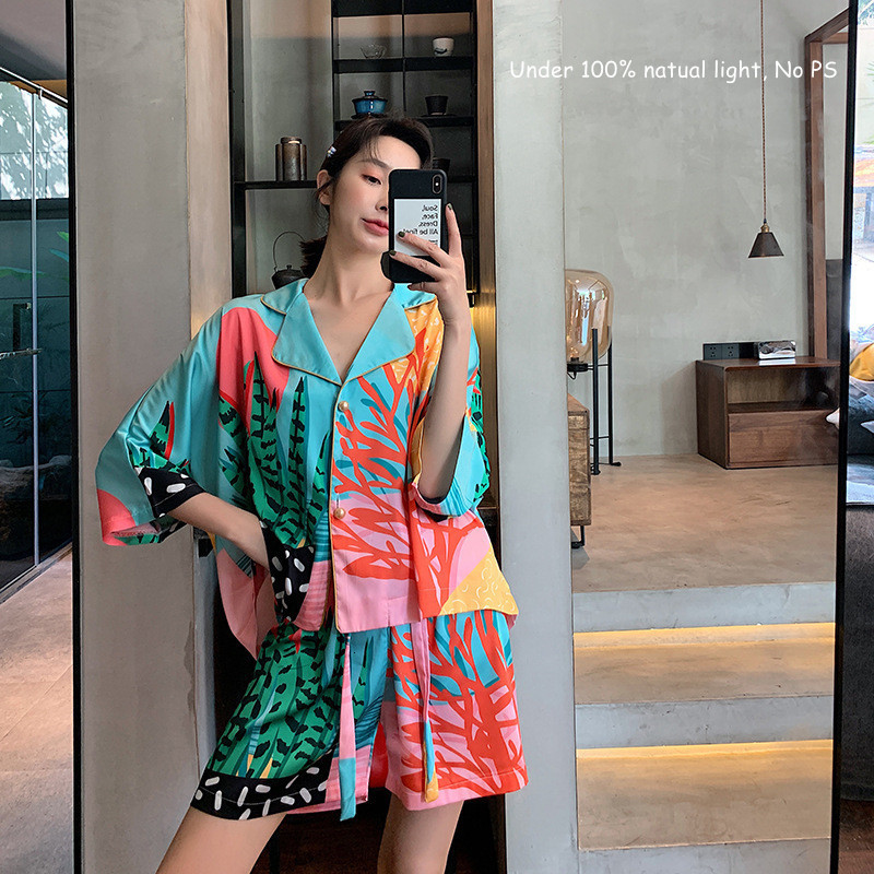 Women's Sleepwear Women Pajama Set Hand Drawn Art Tropical Plants Pyjama Set Silk Like Nightwear Shorts Home Wear Clothes Sleepwear Homewear 2305